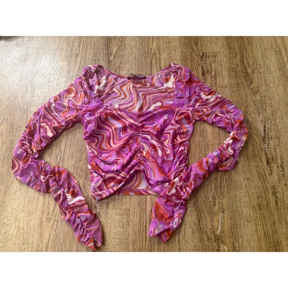 Almost Famous Tops - Almost Famous Mesh Ruched Long Sleeve Top Size M Pink Orange Swirl Psychedelic